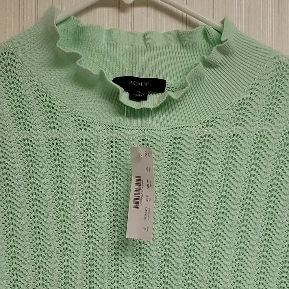 J Crew Mint Green Women's Pointelle Ruffle Neck Sweater Sz Small New Grandma